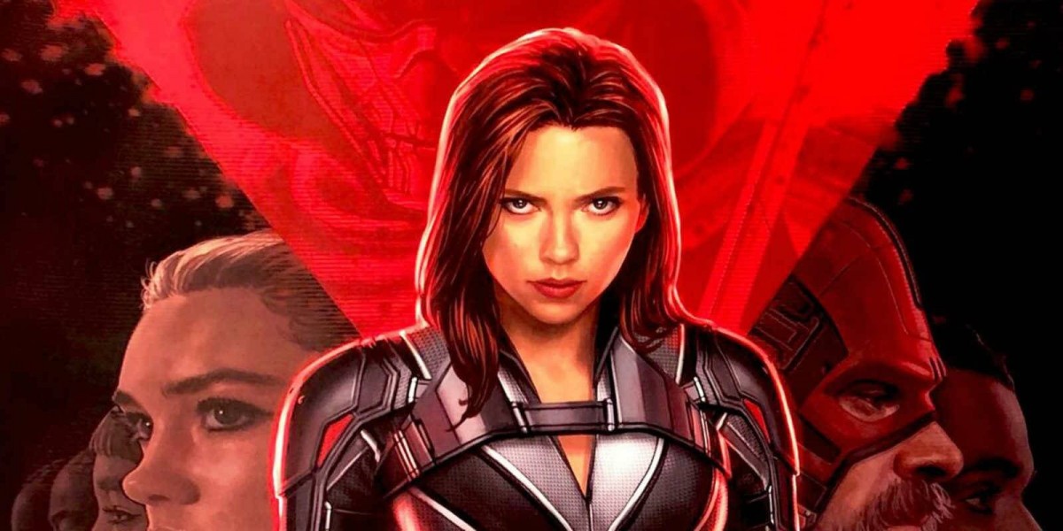 Karakter Black Widow dengan baju khasnya dan tatapan yang tajam. Di belakang, terdapat beberapa gambar karakter lainnya.